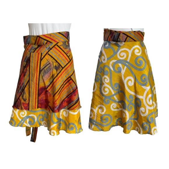 Reversible Wrap Skirt Double Layer One Size Bohemian Geometric Yellow Blue - Picture 2 of 7